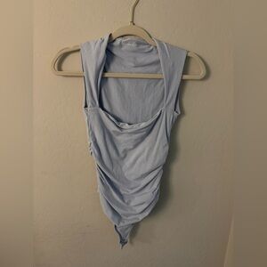 Cotton-Blend Seamless Fabric Ruched Portrait Bodysuit. Light blue. Size small.